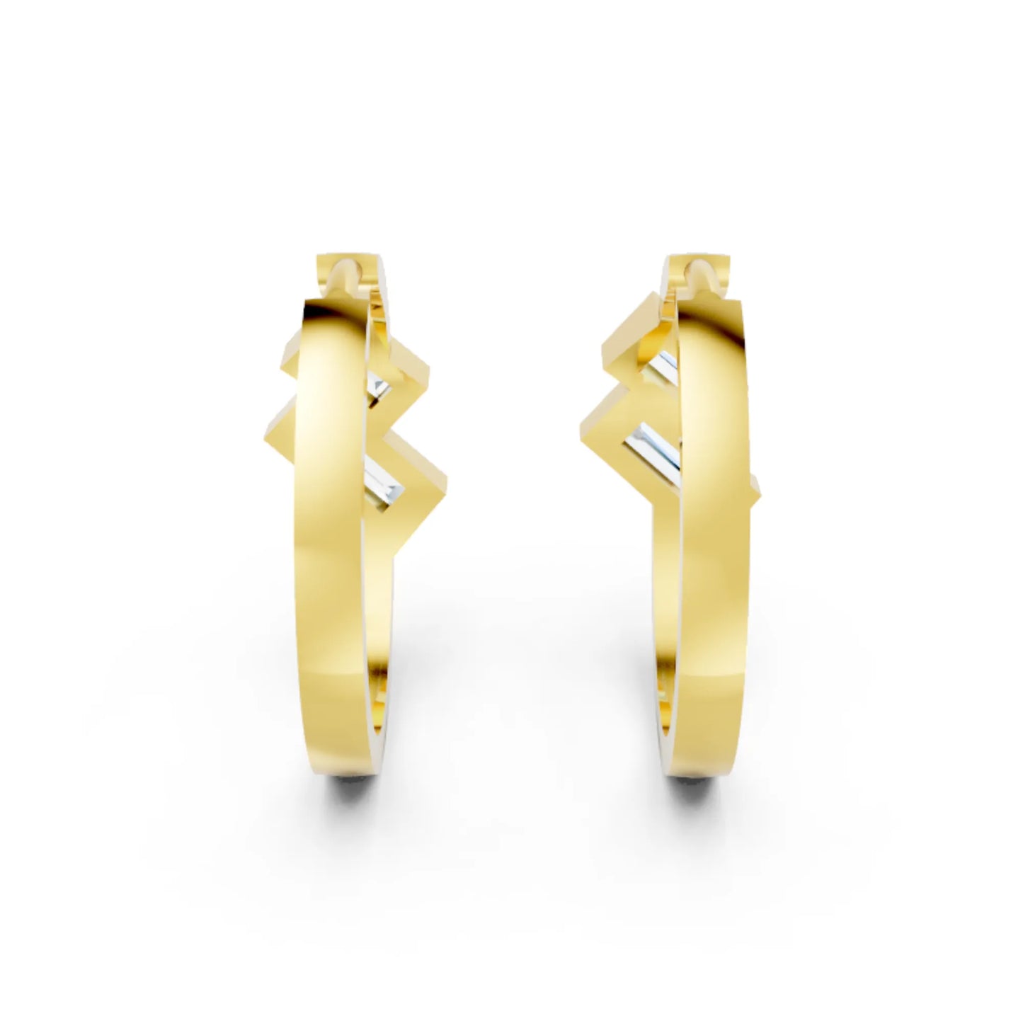 14K Gold Baguette Cut Dual Diamond Dainty Bezel Hoop Earring