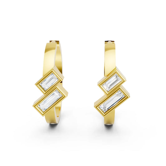 14K Gold Baguette Cut Dual Diamond Dainty Bezel Hoop Earring