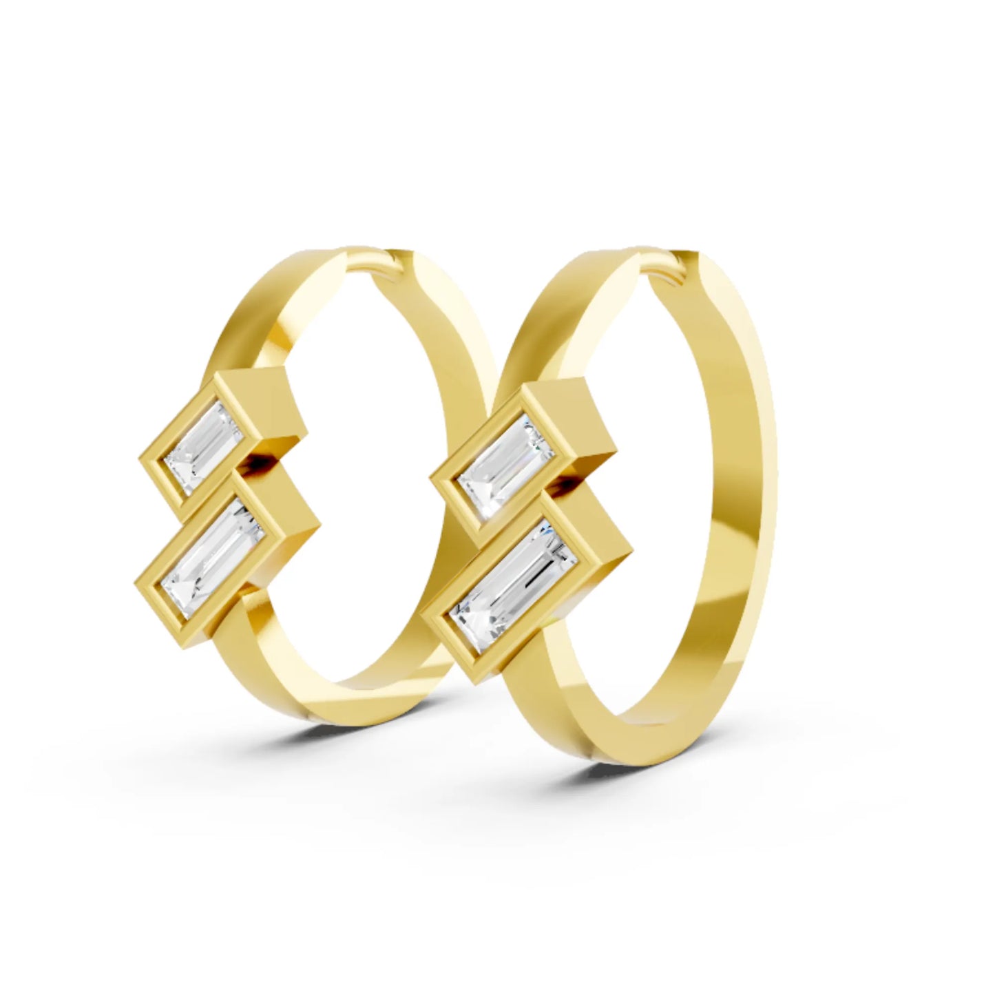 14K Gold Baguette Cut Dual Diamond Dainty Bezel Hoop Earring
