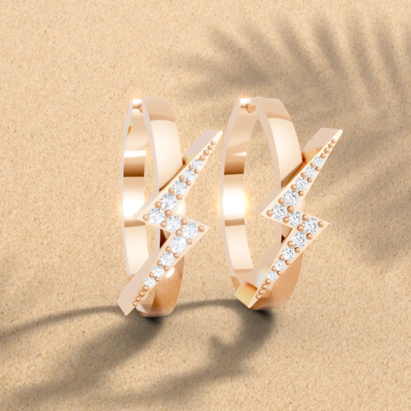 14K Gold Round Cut Diamond Sparkle Bolt Hoop Earring