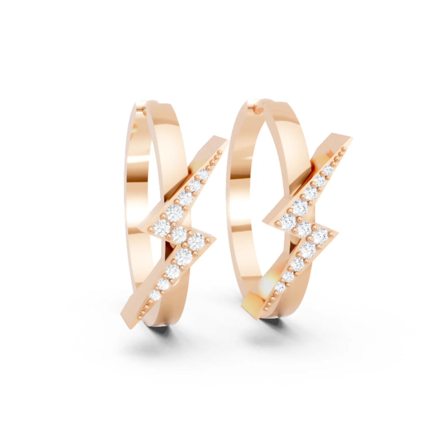 14K Gold Round Cut Diamond Sparkle Bolt Hoop Earring
