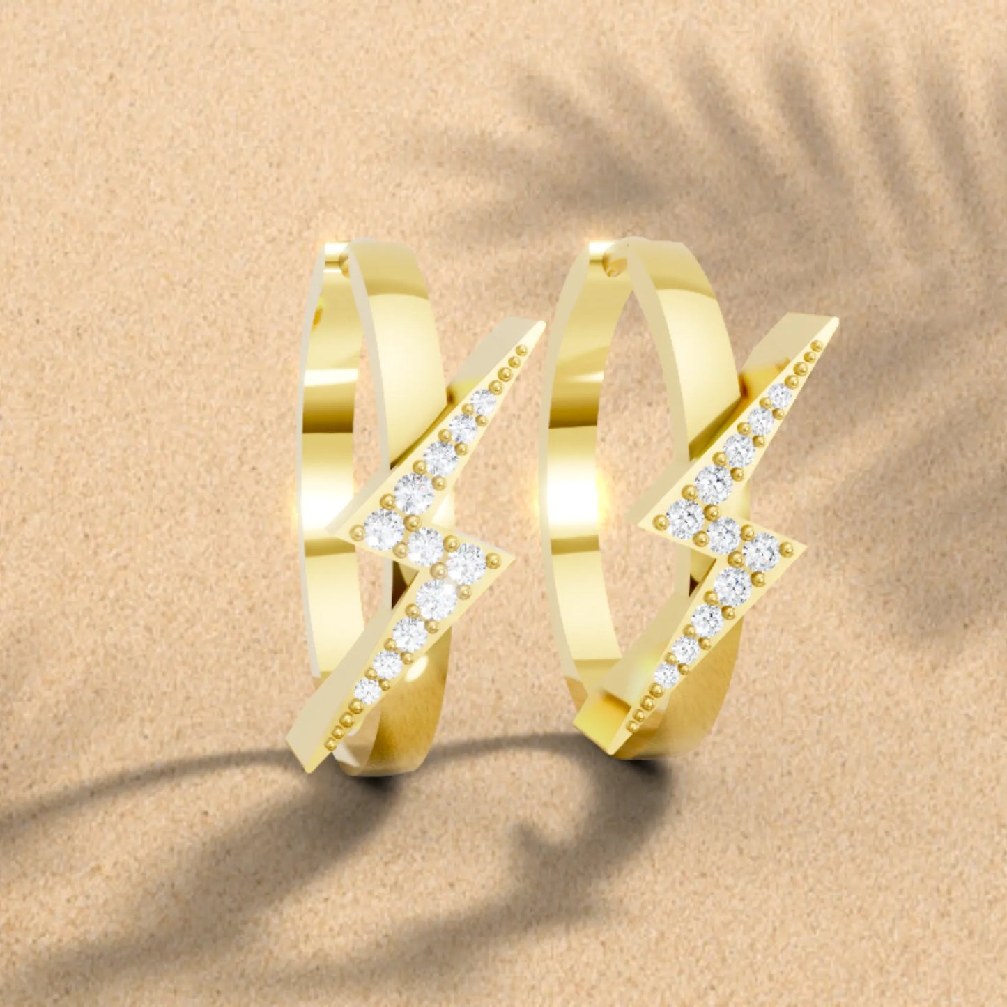 14K Gold Round Cut Diamond Sparkle Bolt Hoop Earring