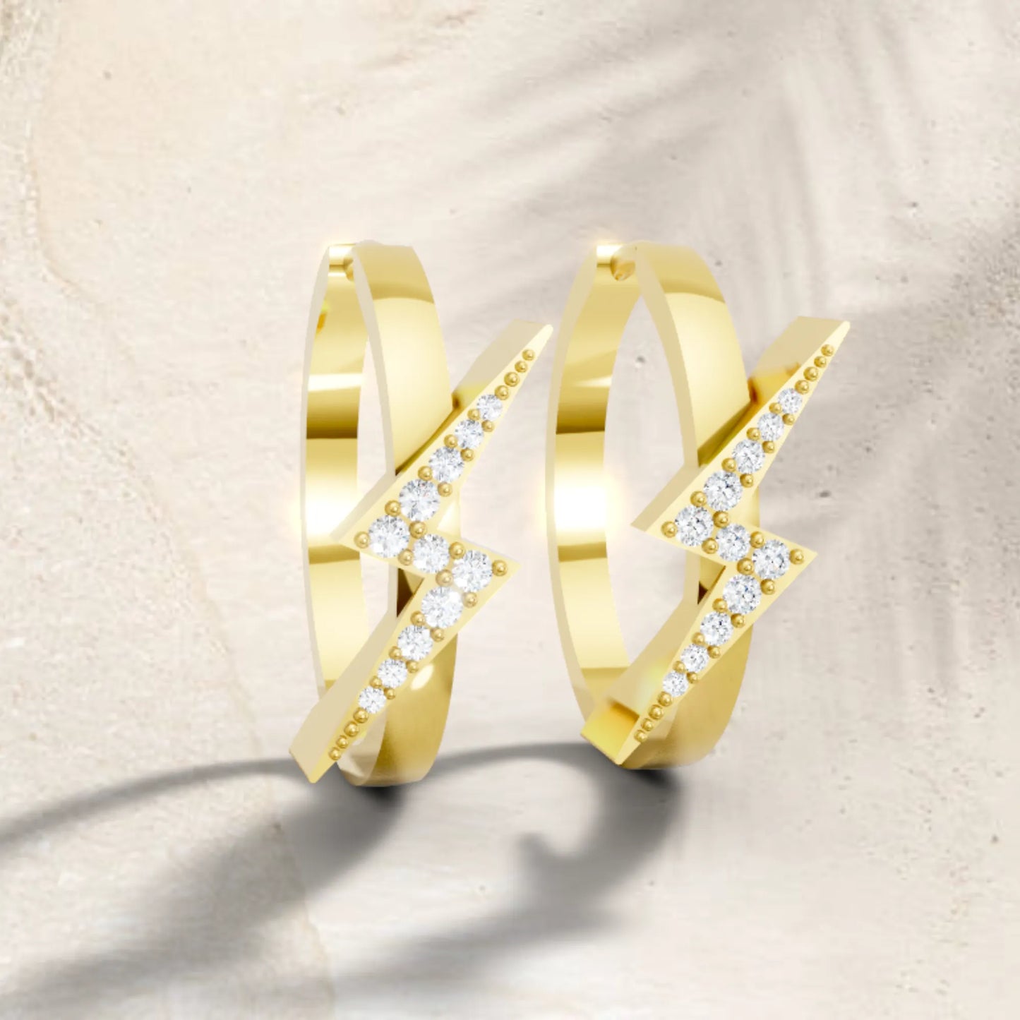 14K Gold Round Cut Diamond Sparkle Bolt Hoop Earring