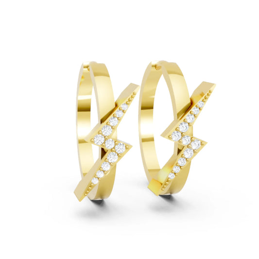 14K Gold Round Cut Diamond Sparkle Bolt Hoop Earring