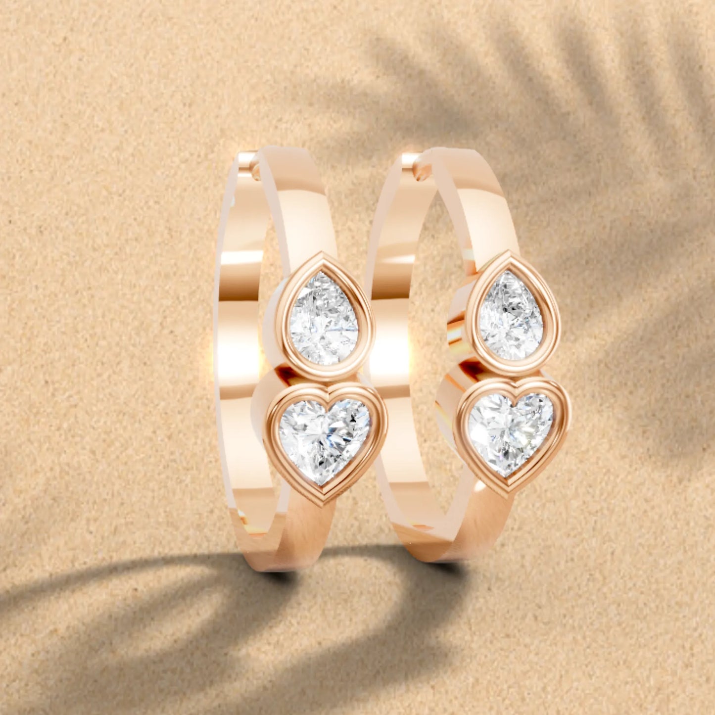 14K Gold Pear & Heart Cut Dual Diamond Dainty Bezel Hoop Earring