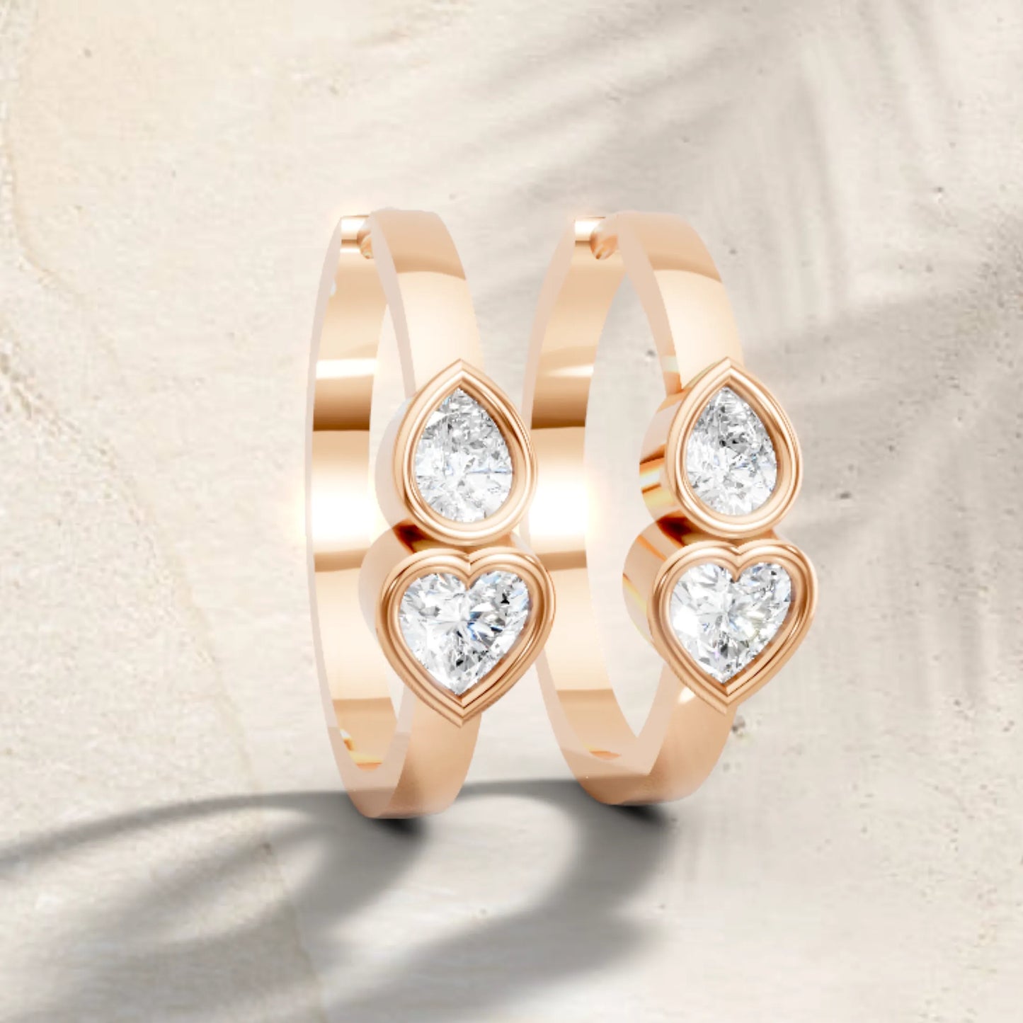 14K Gold Pear & Heart Cut Dual Diamond Dainty Bezel Hoop Earring