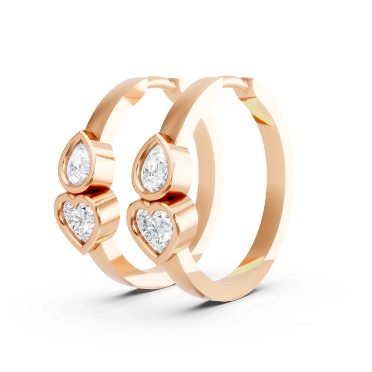 14K Gold Pear & Heart Cut Dual Diamond Dainty Bezel Hoop Earring