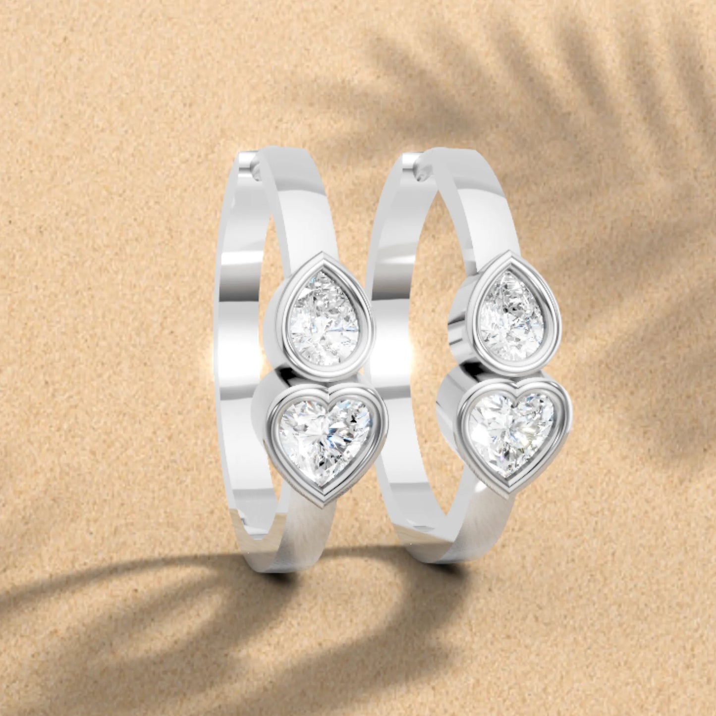 14K Gold Pear & Heart Cut Dual Diamond Dainty Bezel Hoop Earring