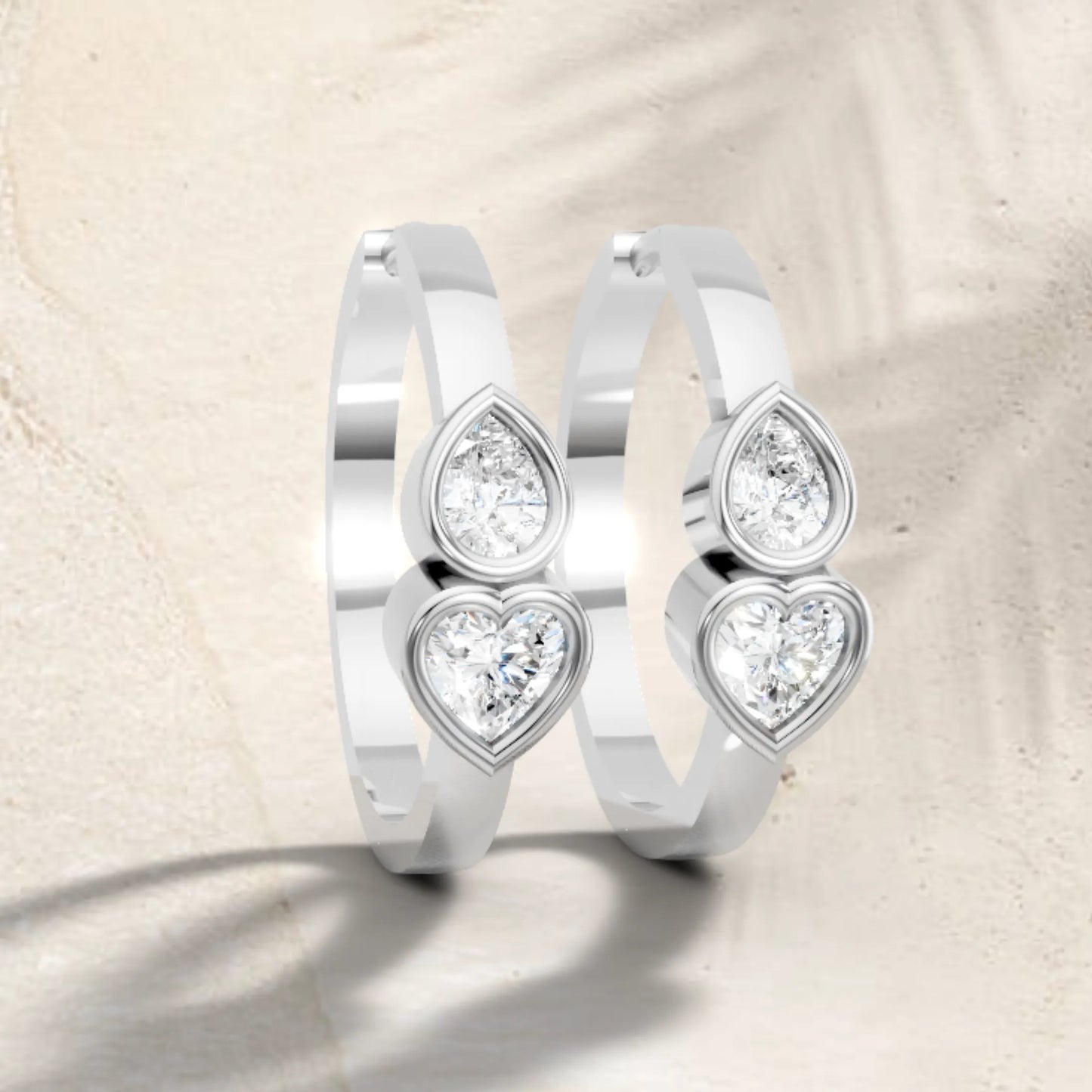14K Gold Pear & Heart Cut Dual Diamond Dainty Bezel Hoop Earring