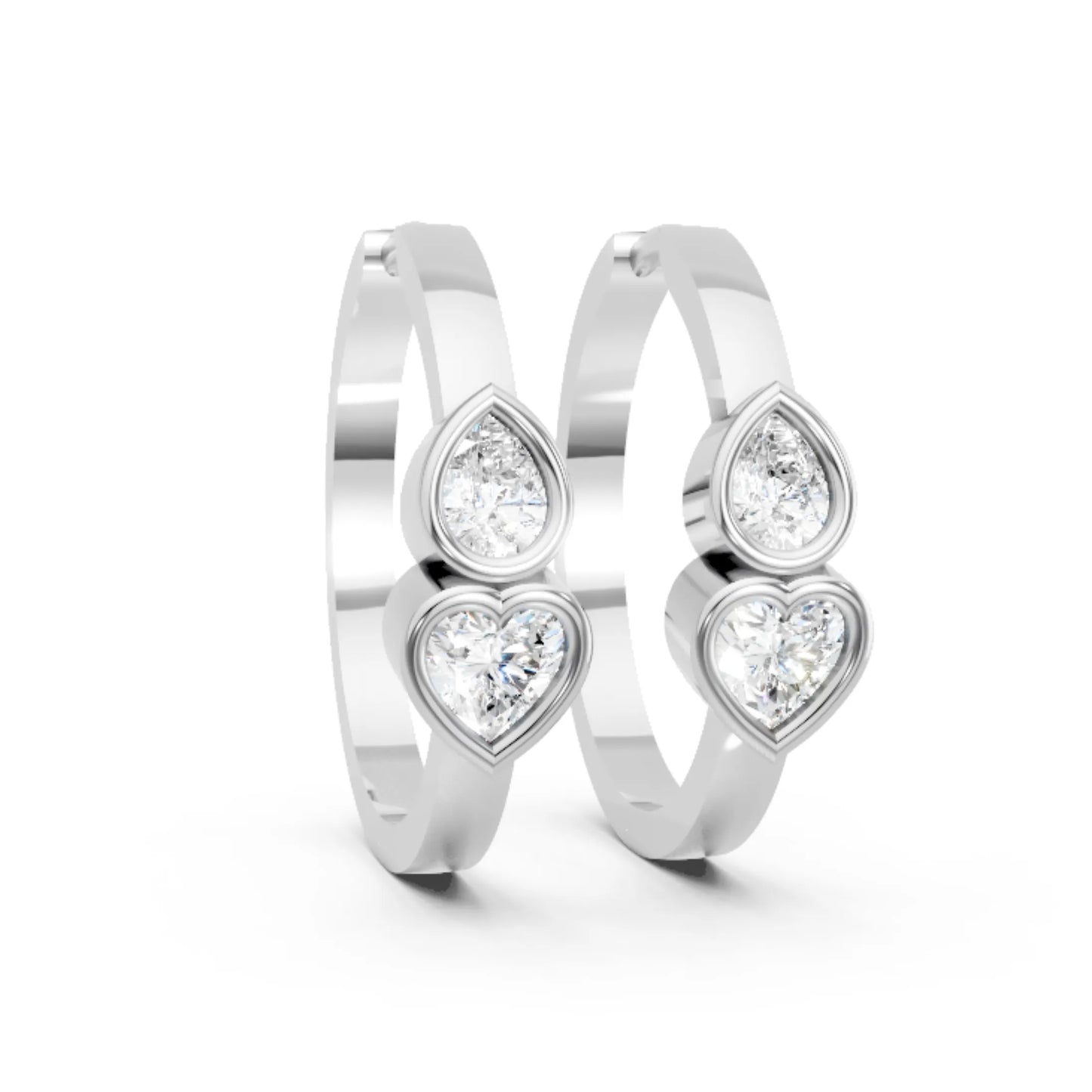 14K Gold Pear & Heart Cut Dual Diamond Dainty Bezel Hoop Earring
