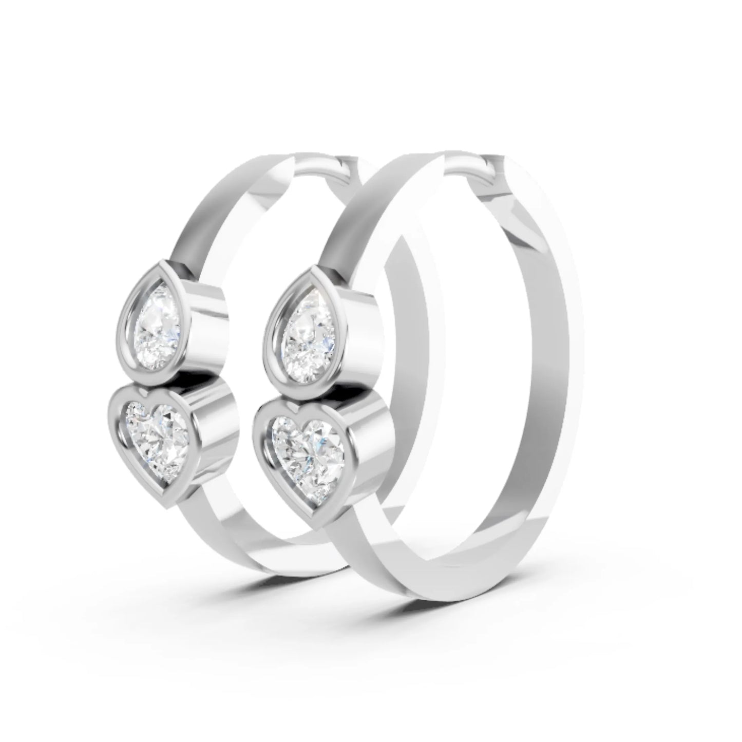 14K Gold Pear & Heart Cut Dual Diamond Dainty Bezel Hoop Earring