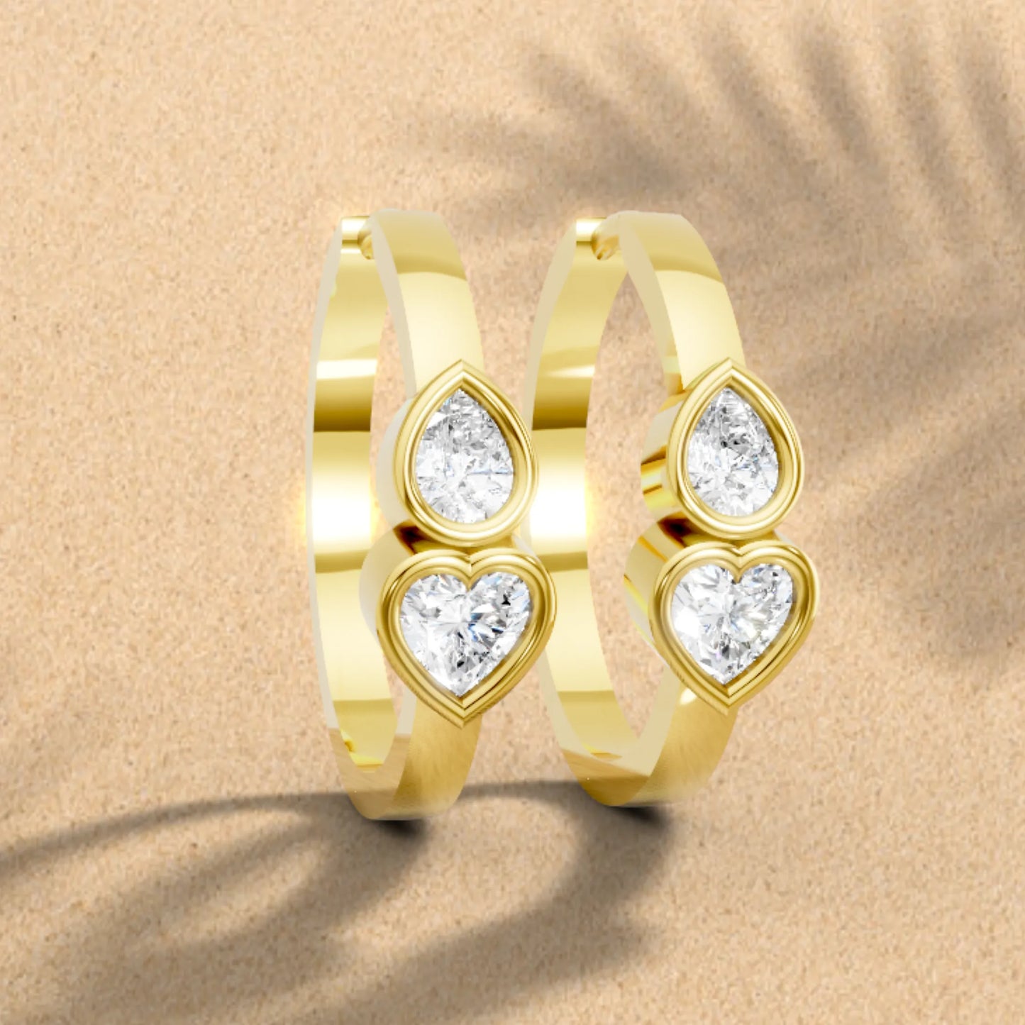 14K Gold Pear & Heart Cut Dual Diamond Dainty Bezel Hoop Earring