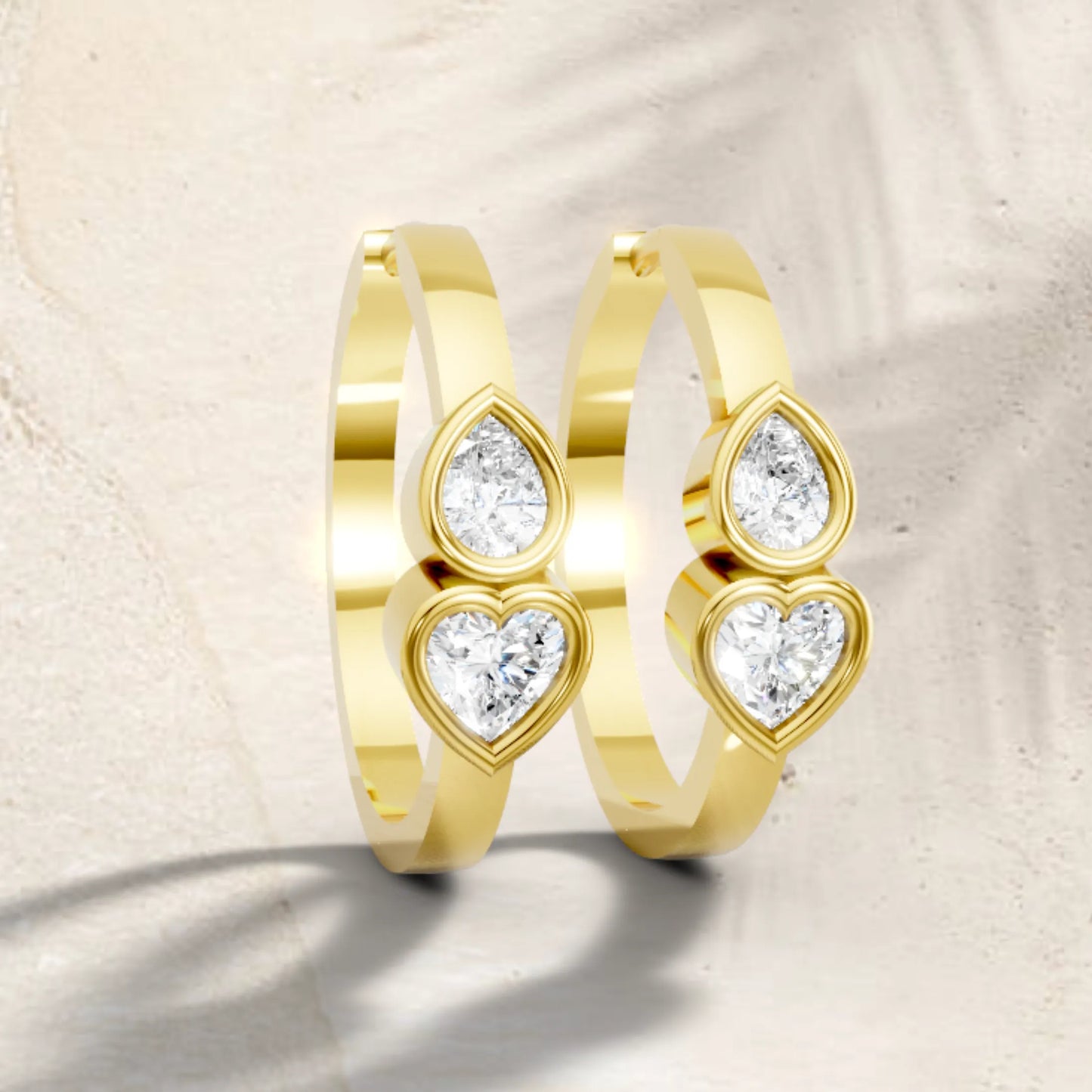 14K Gold Pear & Heart Cut Dual Diamond Dainty Bezel Hoop Earring
