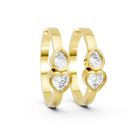14K Gold Pear & Heart Cut Dual Diamond Dainty Bezel Hoop Earring
