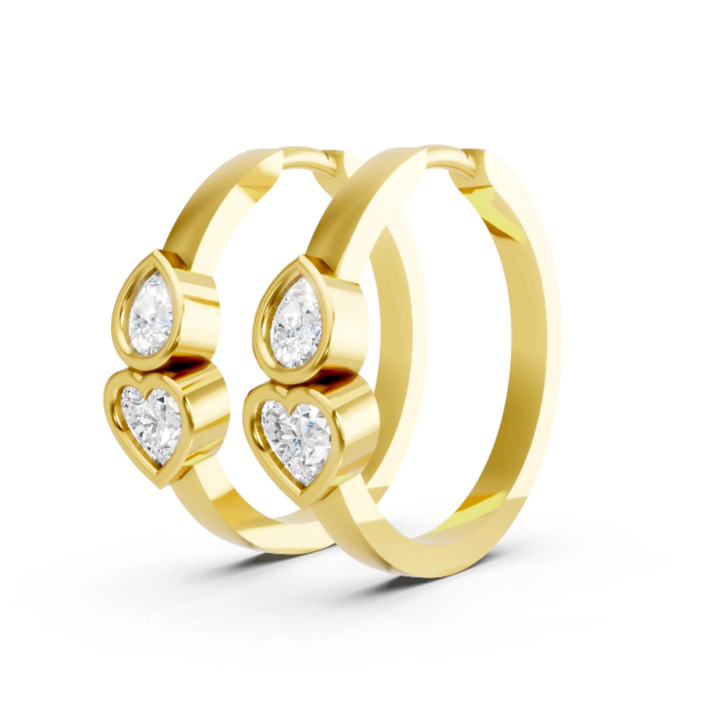 14K Gold Pear & Heart Cut Dual Diamond Dainty Bezel Hoop Earring