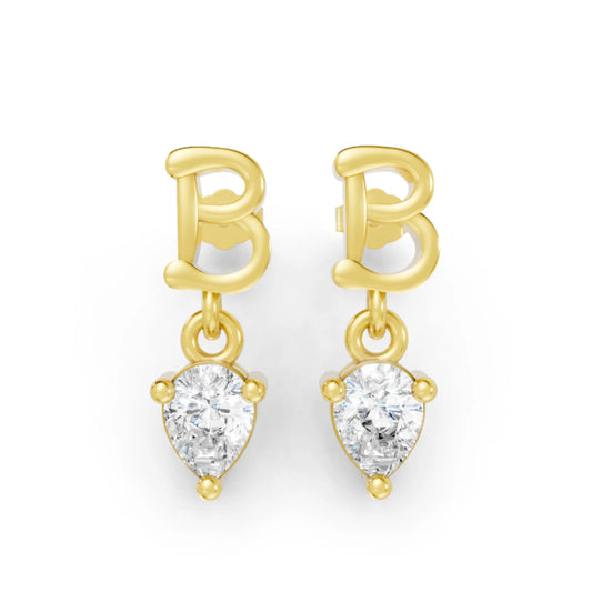 14K Gold Pear Cut Diamond Personalized Initial with Dangling Stud Earring