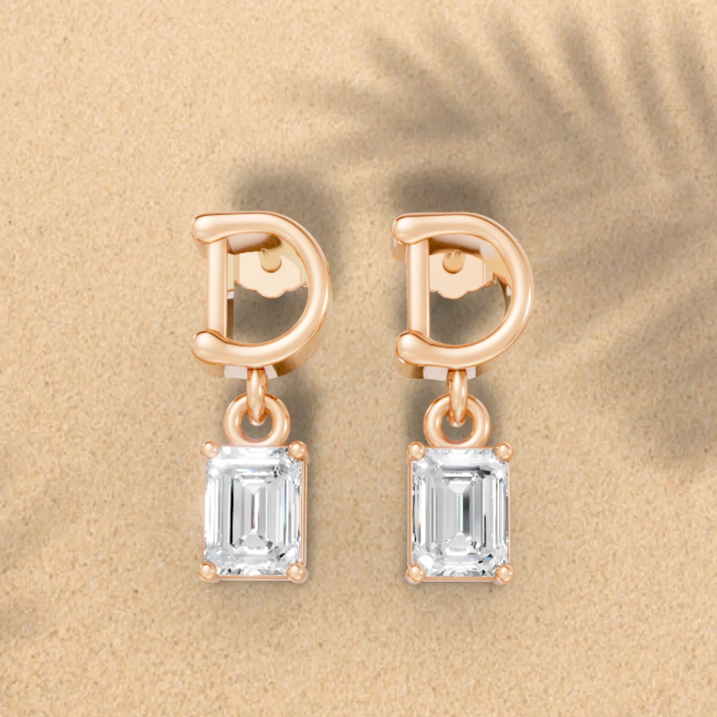 14K Gold Emerald Cut Diamond Personalized Initial with Dangling Stud Earring