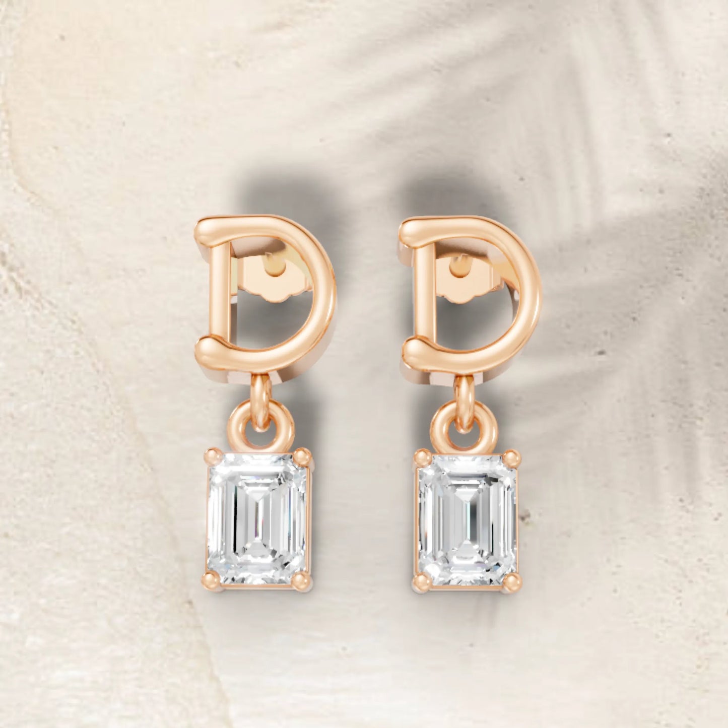 14K Gold Emerald Cut Diamond Personalized Initial with Dangling Stud Earring