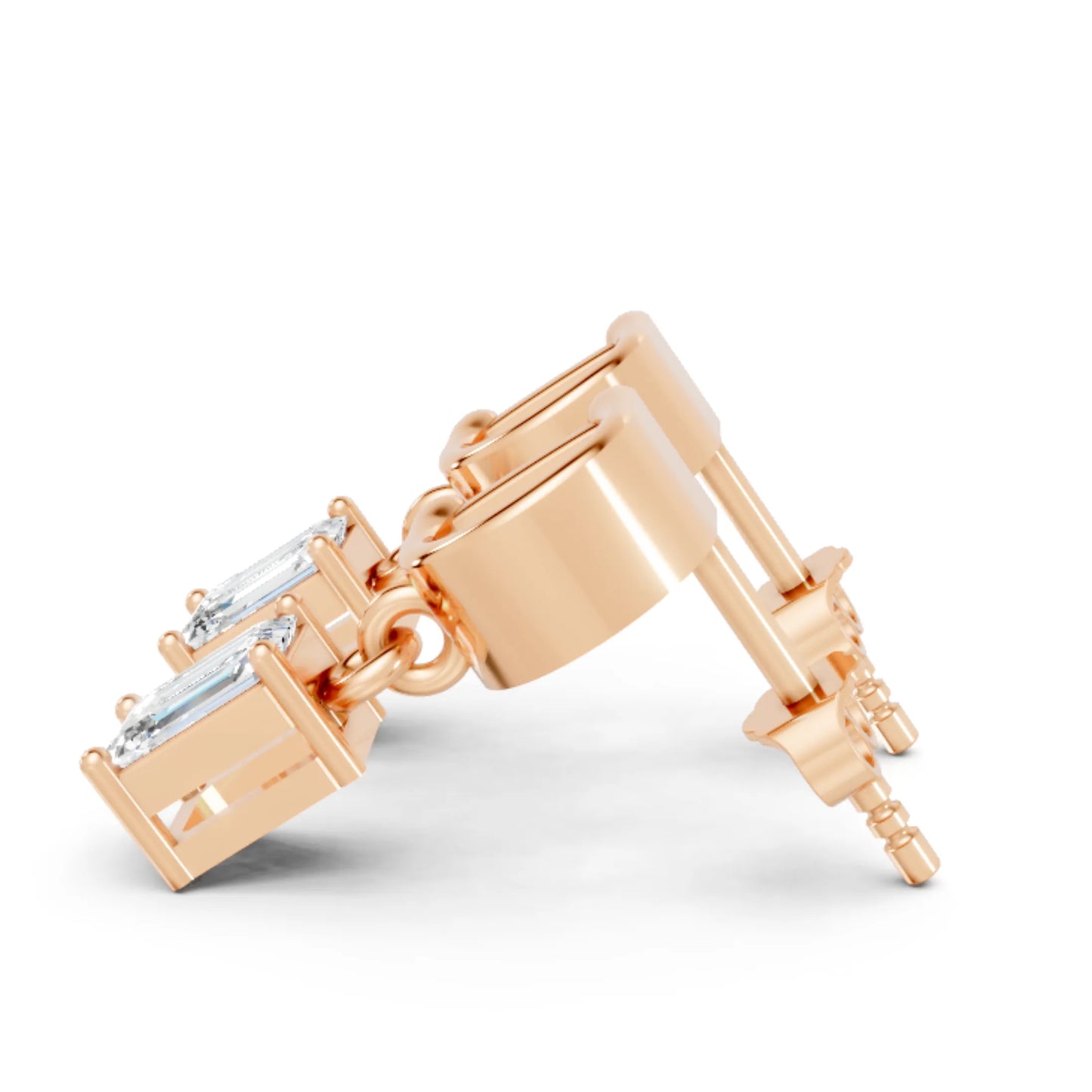 14K Gold Emerald Cut Diamond Personalized Initial with Dangling Stud Earring