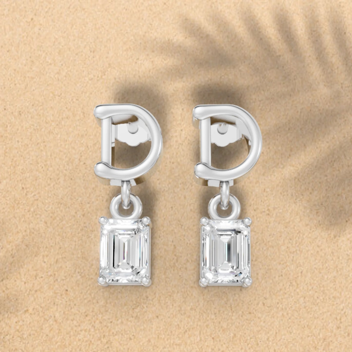 14K Gold Emerald Cut Diamond Personalized Initial with Dangling Stud Earring