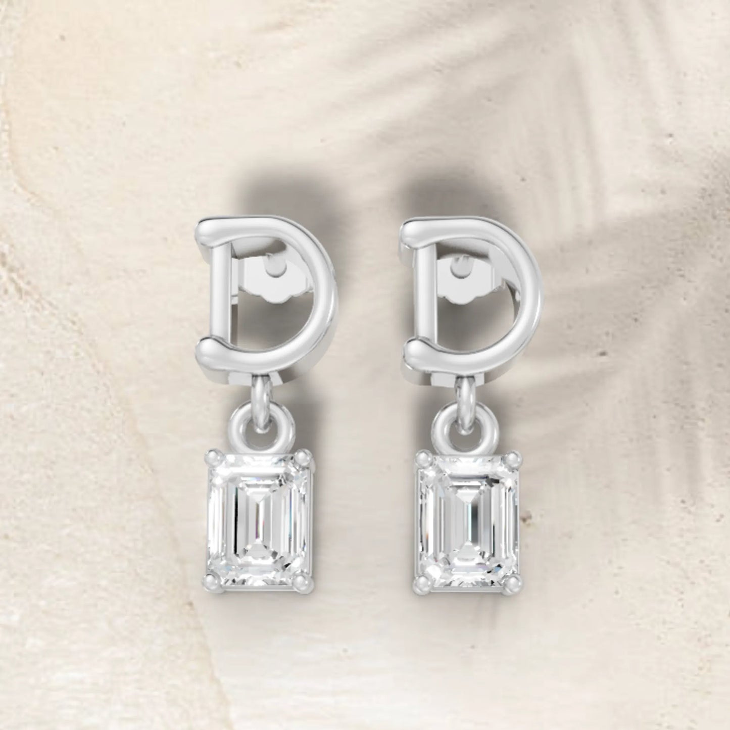14K Gold Emerald Cut Diamond Personalized Initial with Dangling Stud Earring