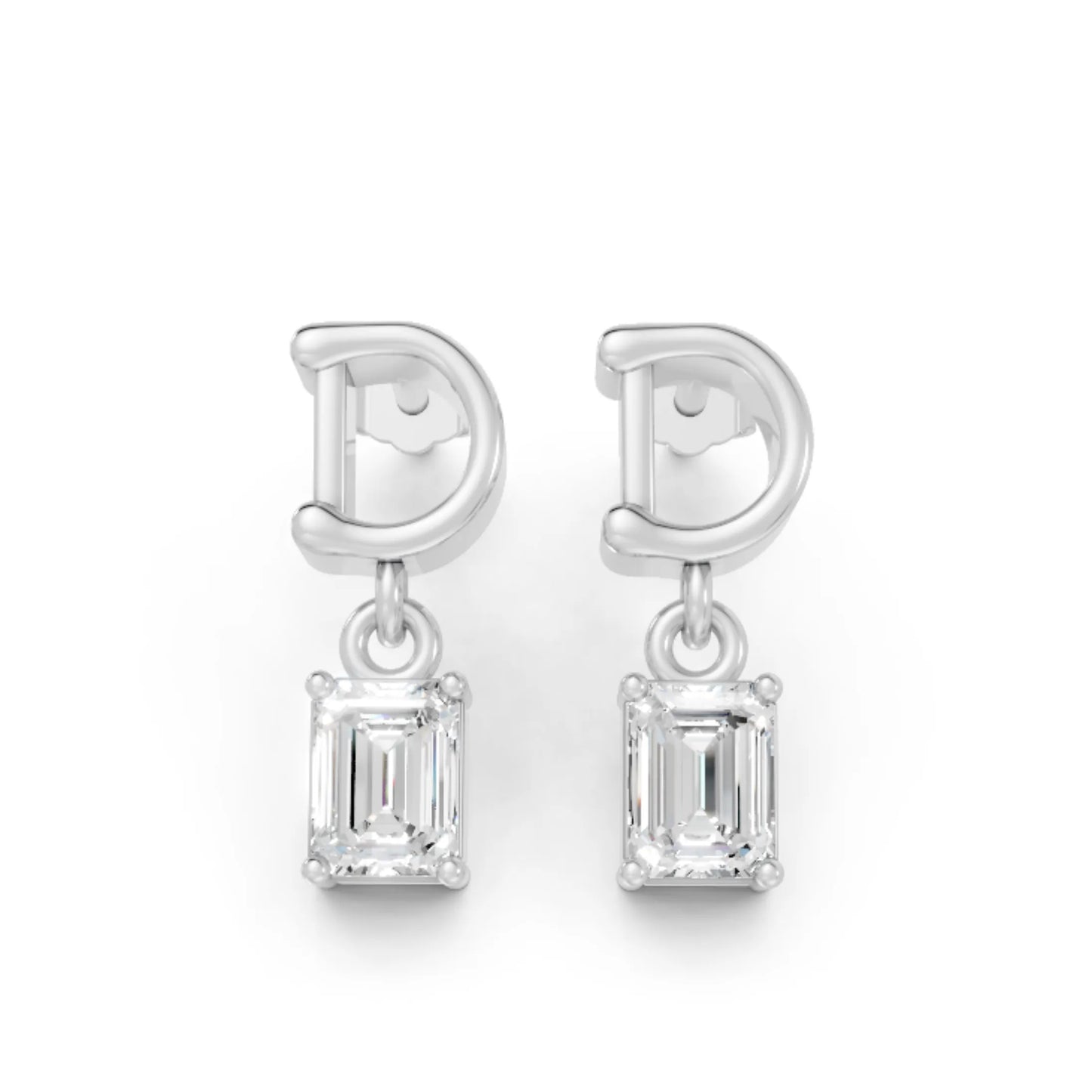14K Gold Emerald Cut Diamond Personalized Initial with Dangling Stud Earring