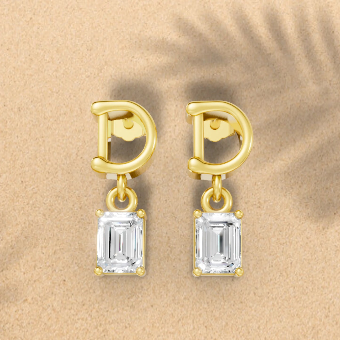 14K Gold Emerald Cut Diamond Personalized Initial with Dangling Stud Earring