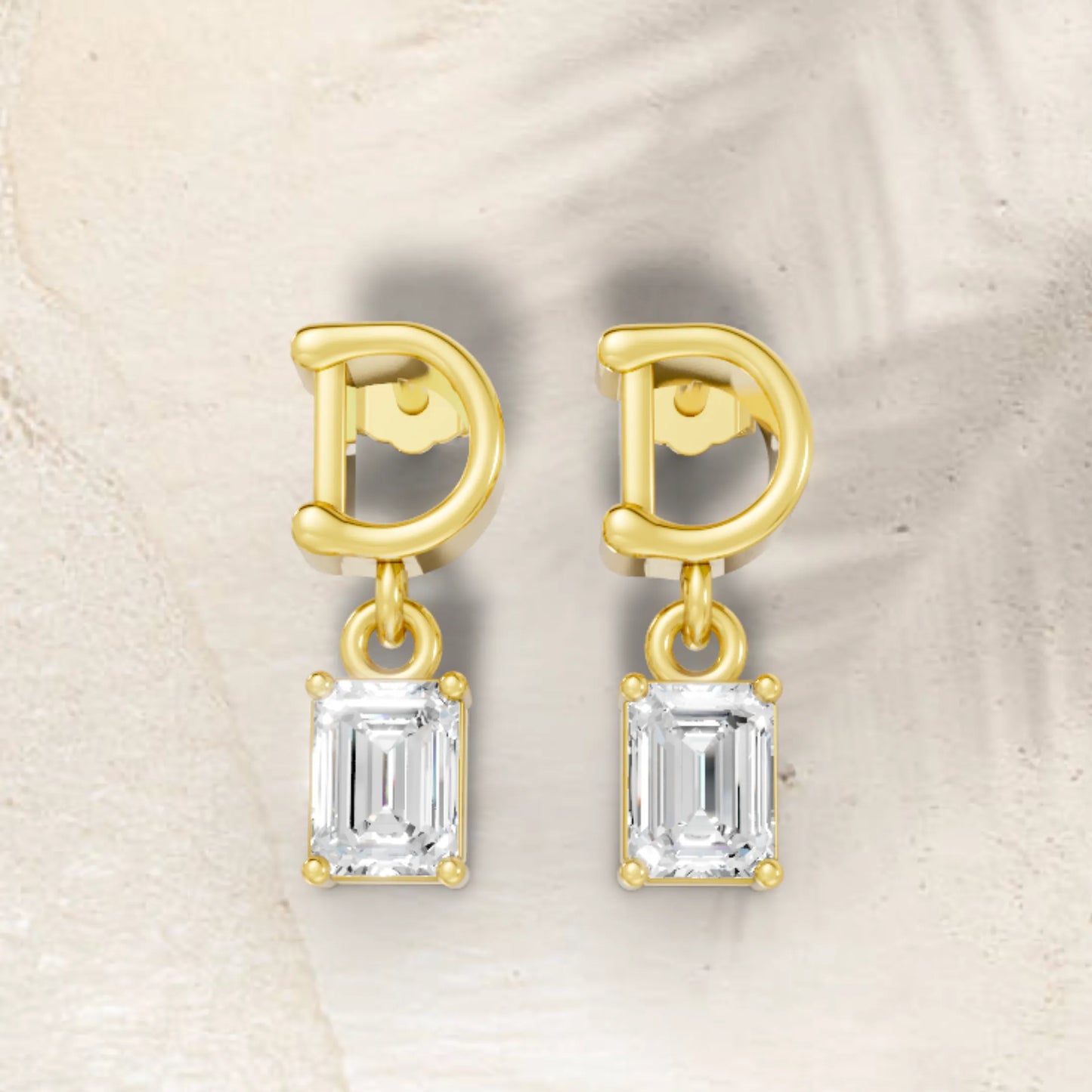 14K Gold Emerald Cut Diamond Personalized Initial with Dangling Stud Earring