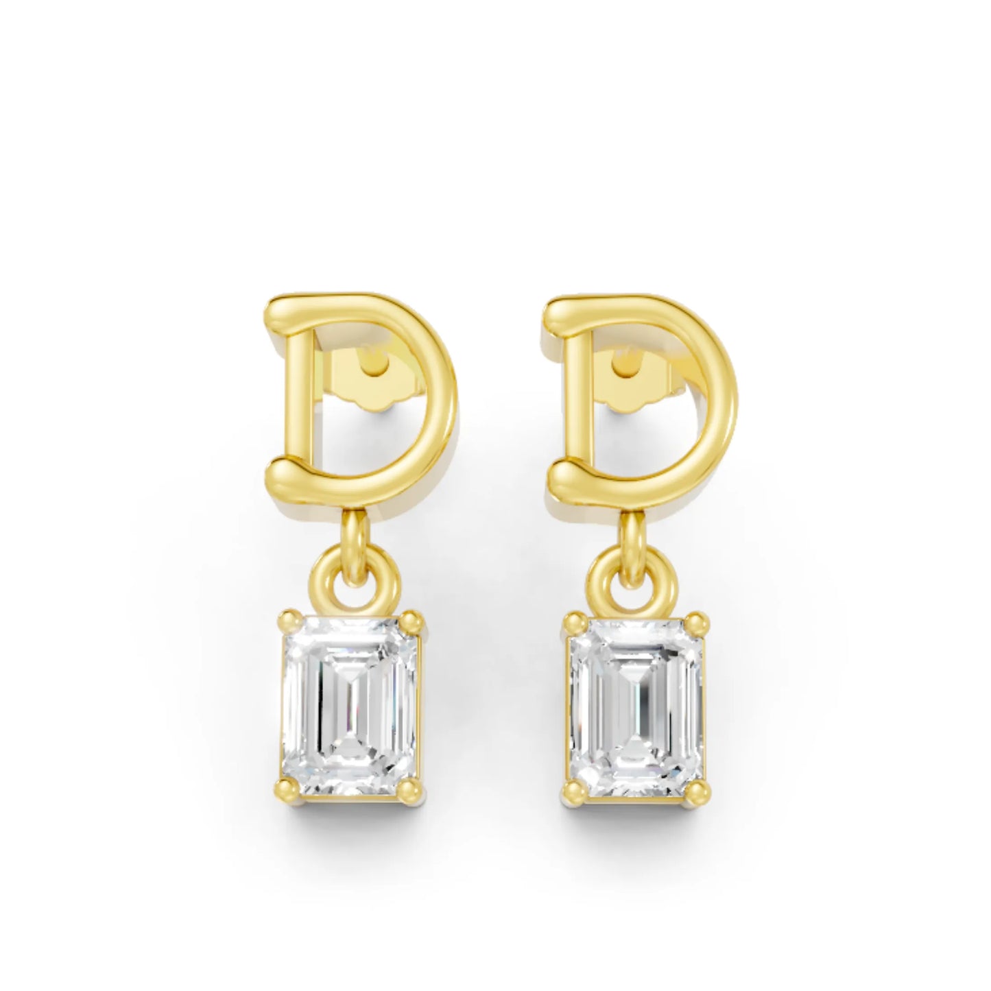 14K Gold Emerald Cut Diamond Personalized Initial with Dangling Stud Earring