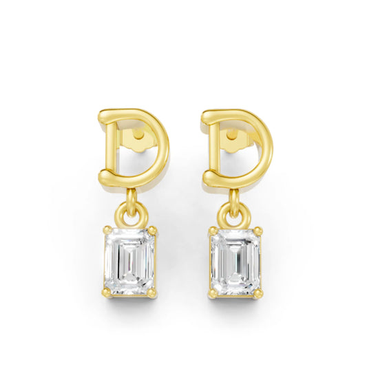 14K Gold Emerald Cut Diamond Personalized Initial with Dangling Stud Earring
