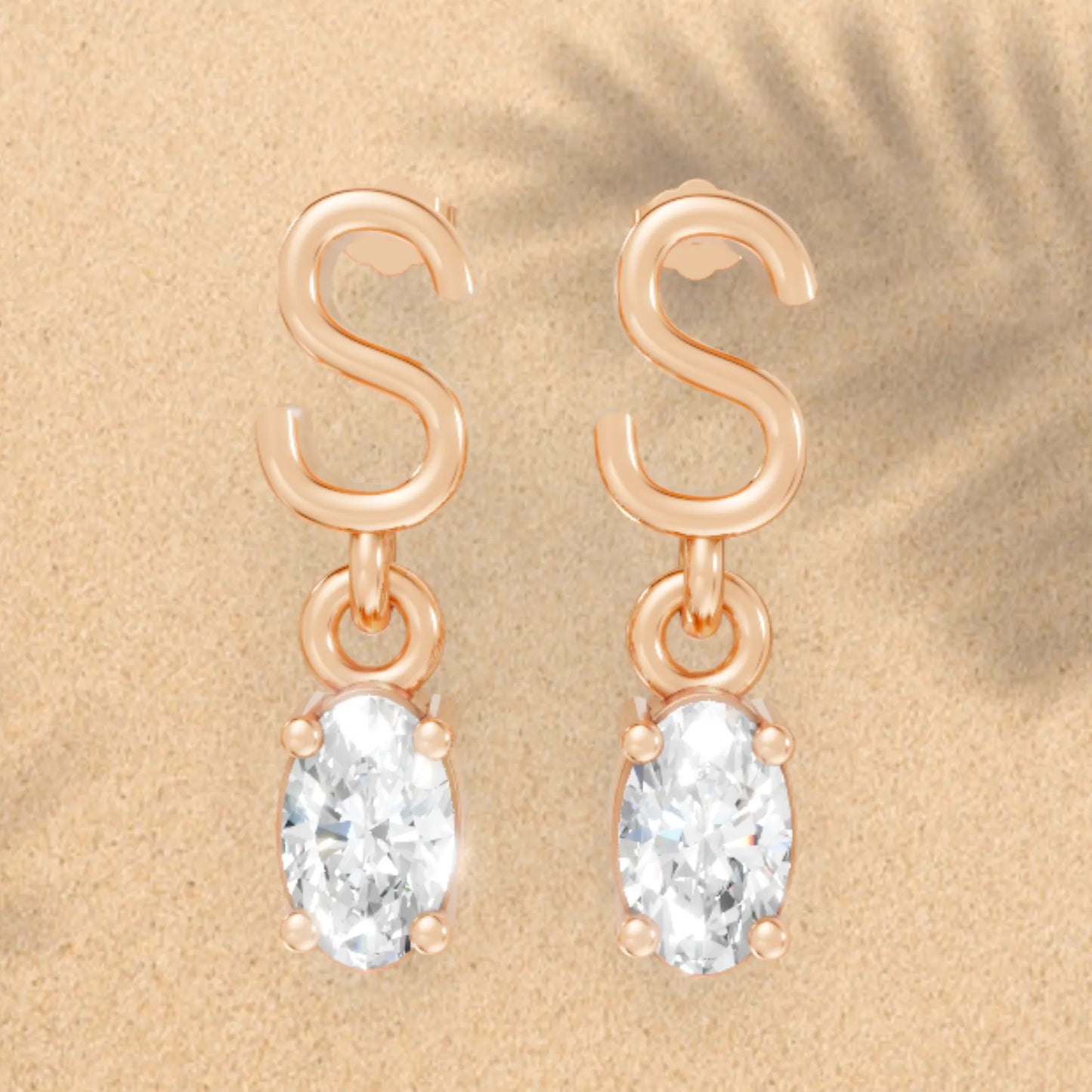 14K Gold Oval Cut Diamond Personalized Initial with Dangling Stud Earring