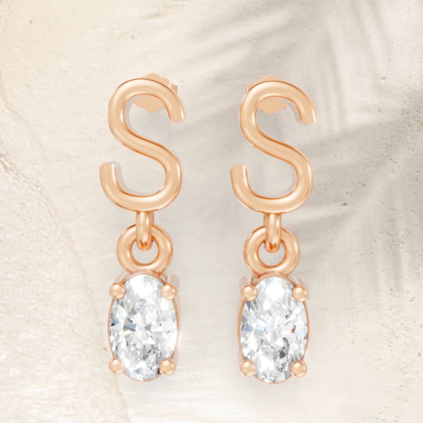 14K Gold Oval Cut Diamond Personalized Initial with Dangling Stud Earring