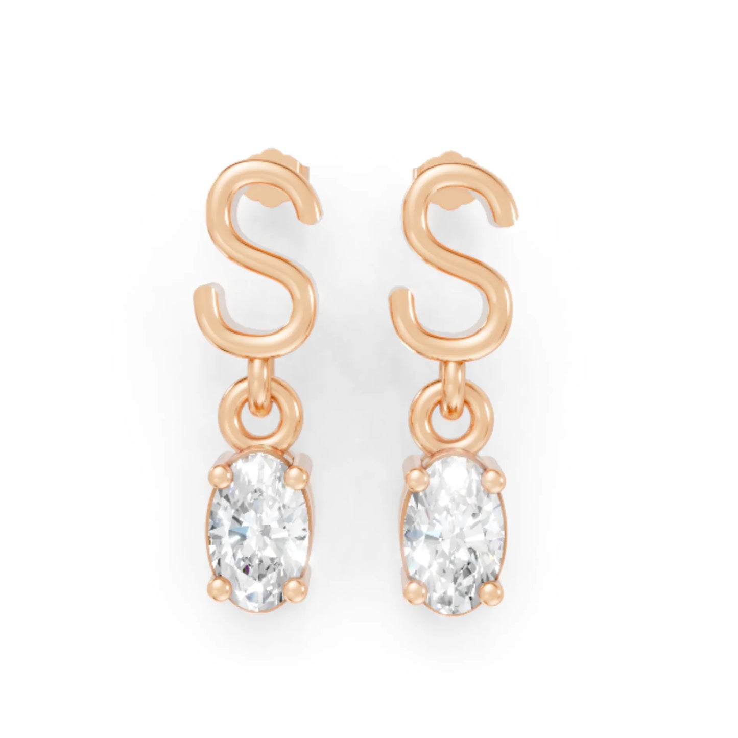 14K Gold Oval Cut Diamond Personalized Initial with Dangling Stud Earring