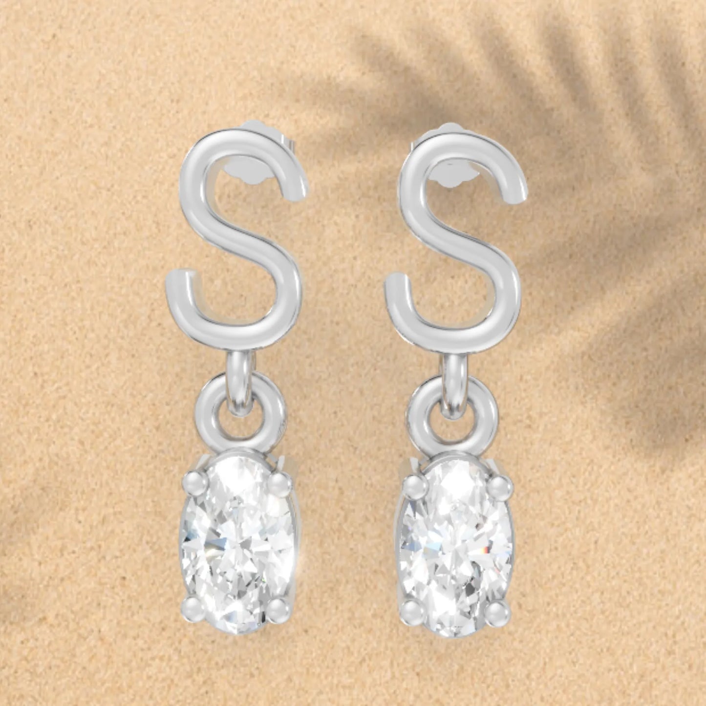 14K Gold Oval Cut Diamond Personalized Initial with Dangling Stud Earring