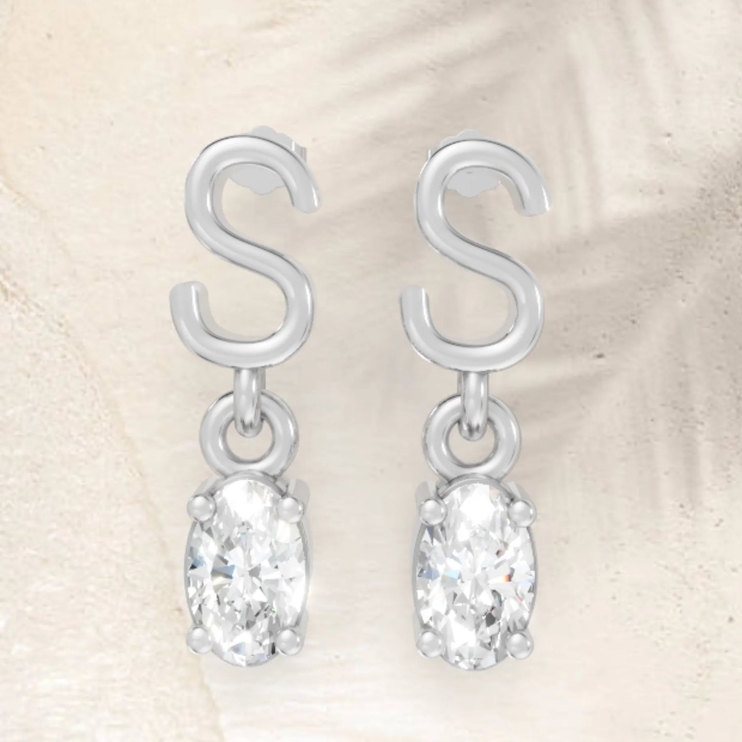 14K Gold Oval Cut Diamond Personalized Initial with Dangling Stud Earring