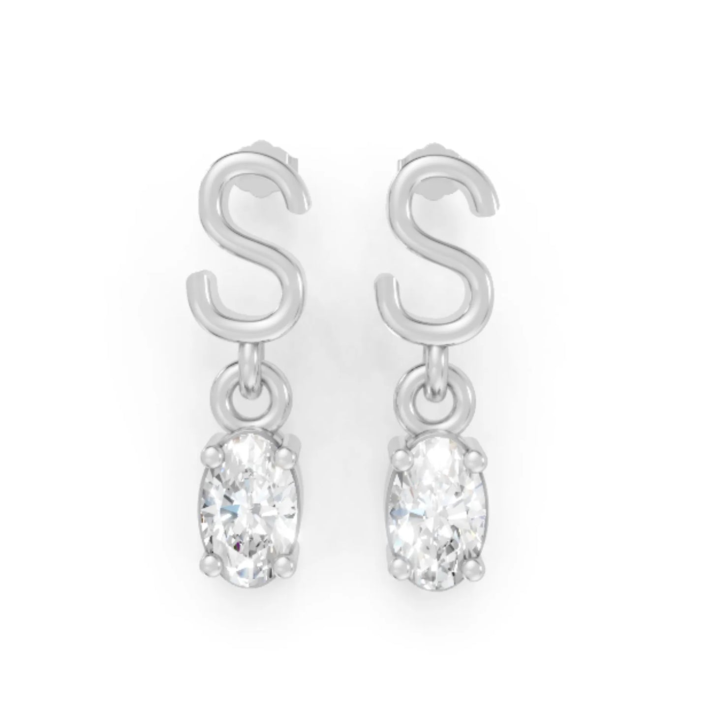 14K Gold Oval Cut Diamond Personalized Initial with Dangling Stud Earring