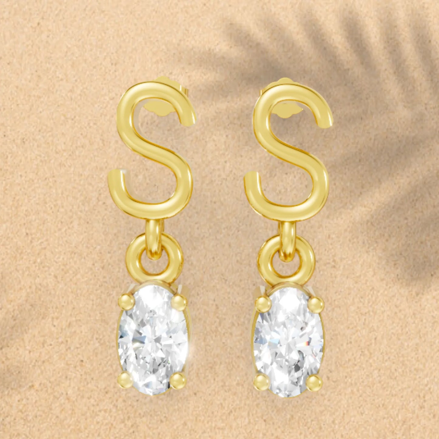 14K Gold Oval Cut Diamond Personalized Initial with Dangling Stud Earring