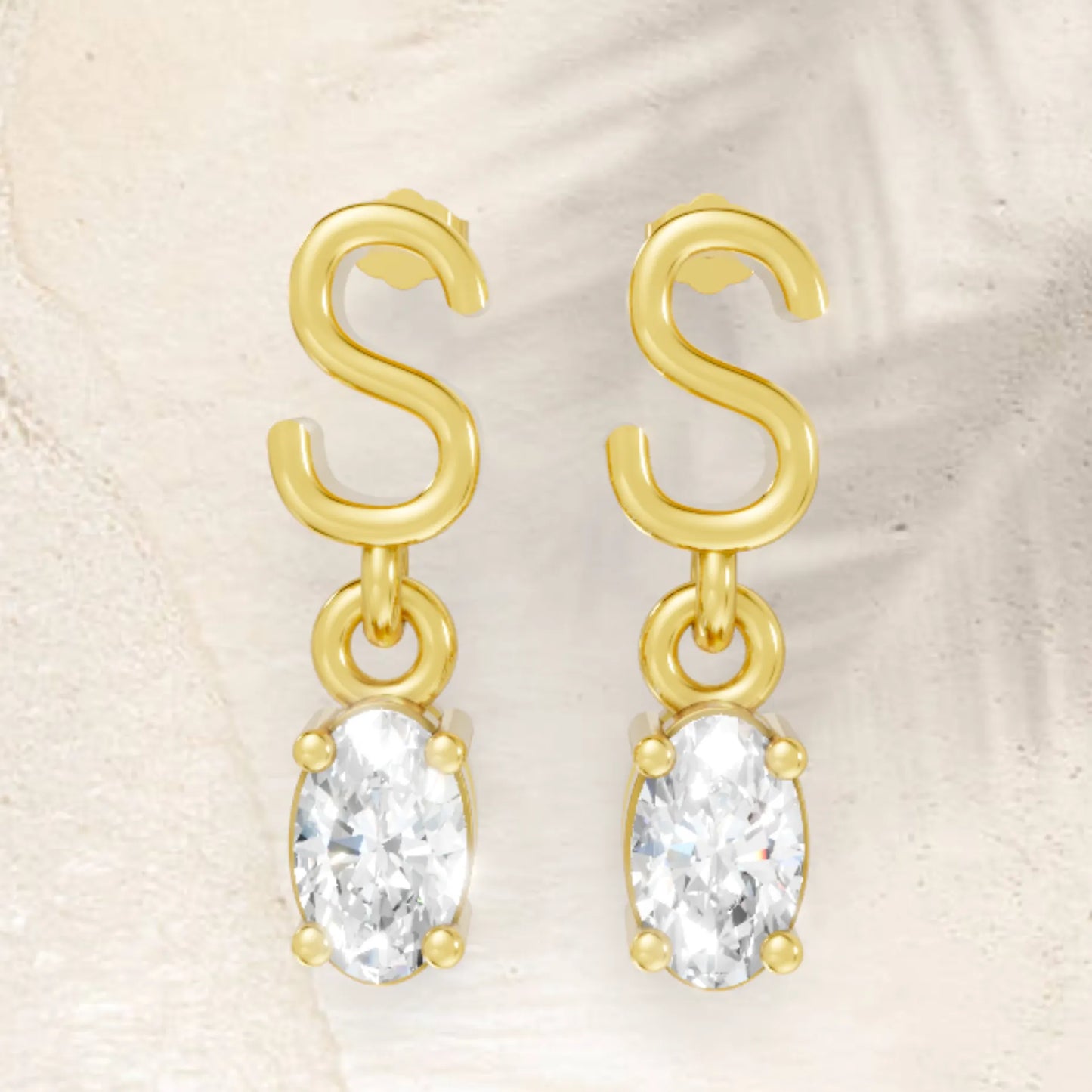 14K Gold Oval Cut Diamond Personalized Initial with Dangling Stud Earring
