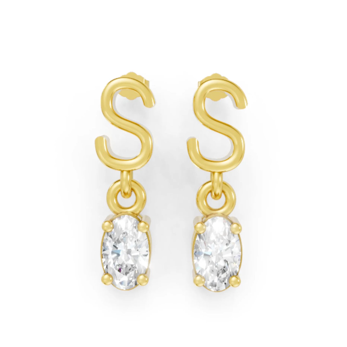 14K Gold Oval Cut Diamond Personalized Initial with Dangling Stud Earring