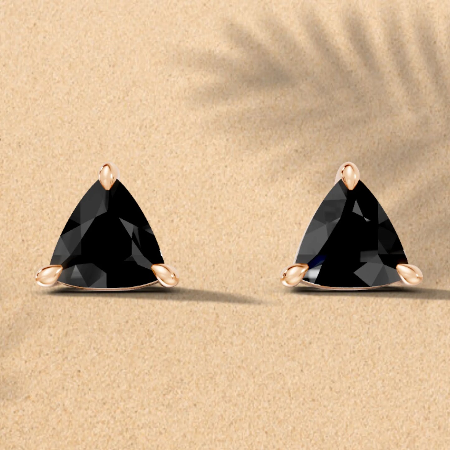 14K Gold Trillion Cut Black Diamond Solitaire Stud Earring