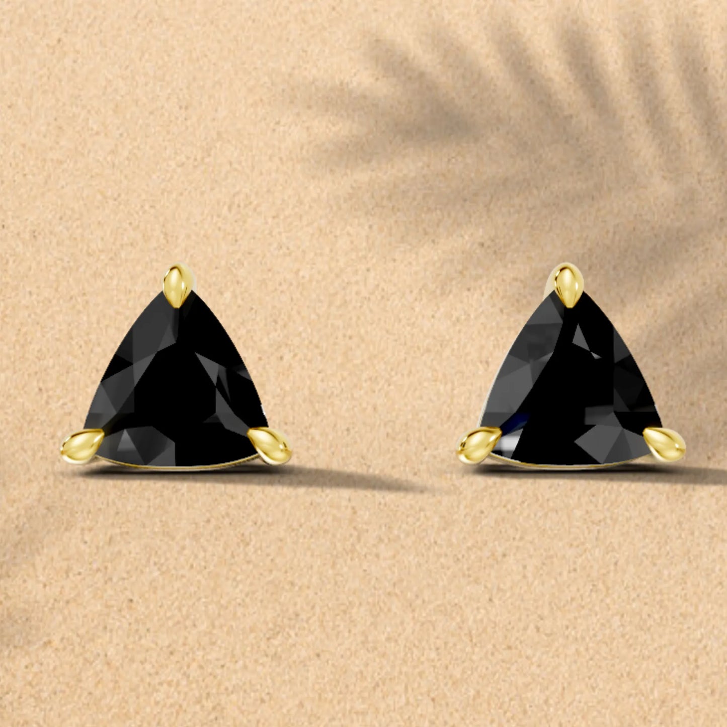 14K Gold Trillion Cut Black Diamond Solitaire Stud Earring