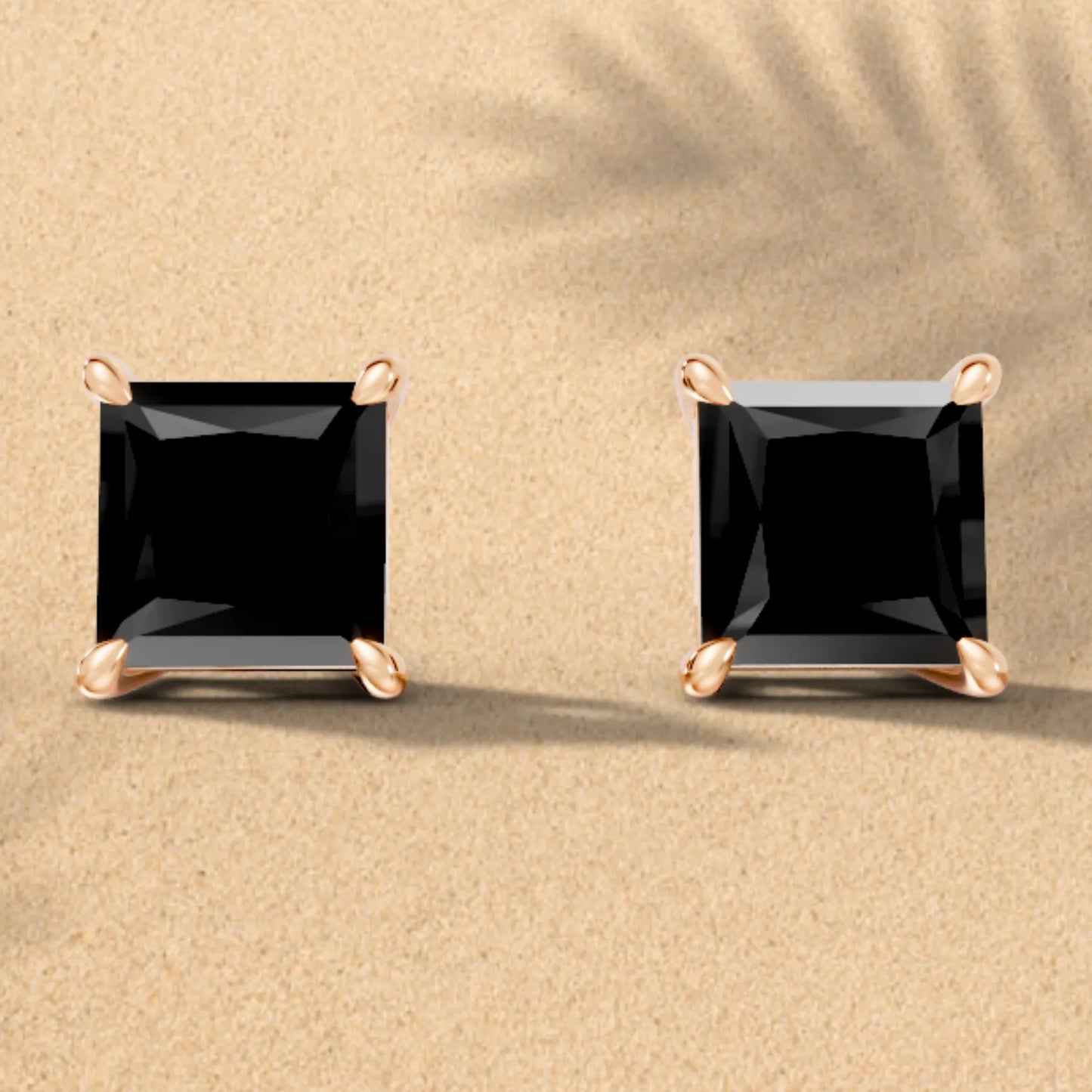 14K Gold Princess Cut Black Diamond Solitaire Stud Earring