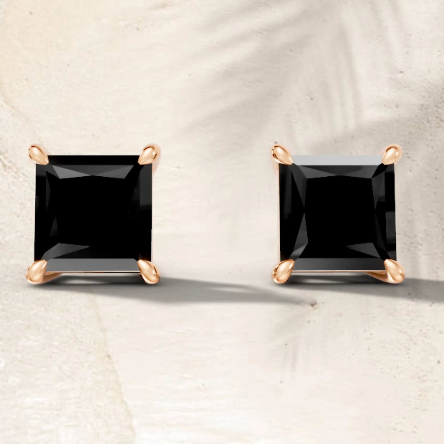 14K Gold Princess Cut Black Diamond Solitaire Stud Earring