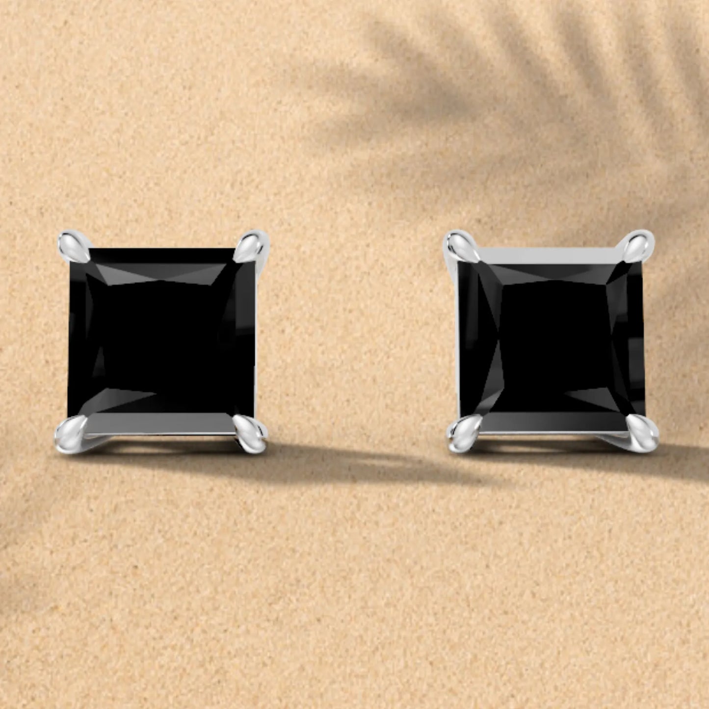 14K Gold Princess Cut Black Diamond Solitaire Stud Earring
