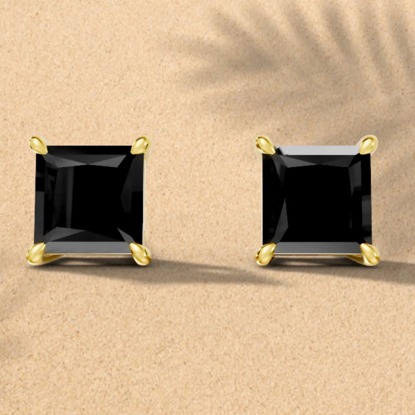 14K Gold Princess Cut Black Diamond Solitaire Stud Earring