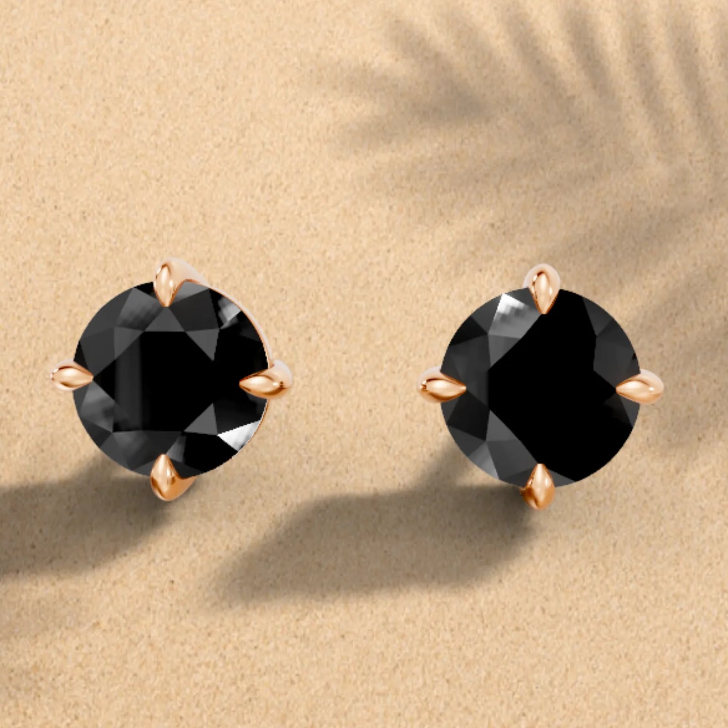 14K Gold Round Cut Black Diamond Solitaire Stud Earring