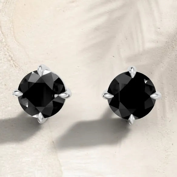 14K Gold Round Cut Black Diamond Solitaire Stud Earring