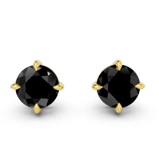 14K Gold Round Cut Black Diamond Solitaire Stud Earring