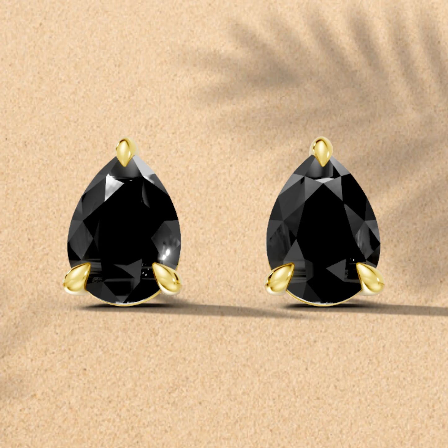14K Gold Pear Cut Black Diamond Solitaire Stud Earring