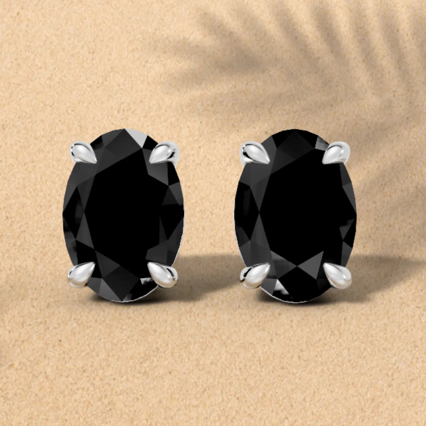 14K Gold Oval Cut Black Diamond Solitaire Stud Earring